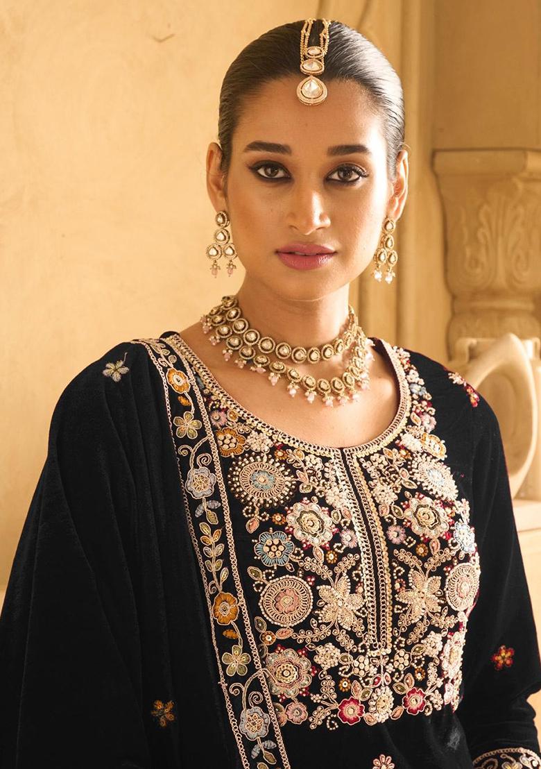 Black Embroidered Velvet Salwar Kameez With Dupatta - Indya