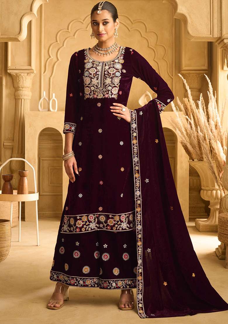 Maroon Embroidered Velvet Sharara Set - Indya