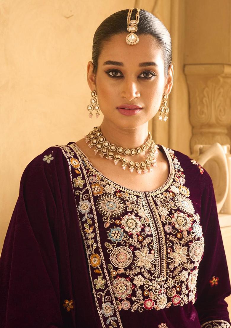Maroon Embroidered Velvet Salwar Kameez With Dupatta - Indya