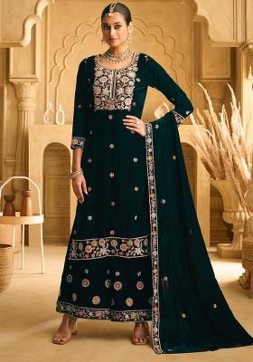 Dark Green Embroidered Velvet Salwar Kameez With Dupatta