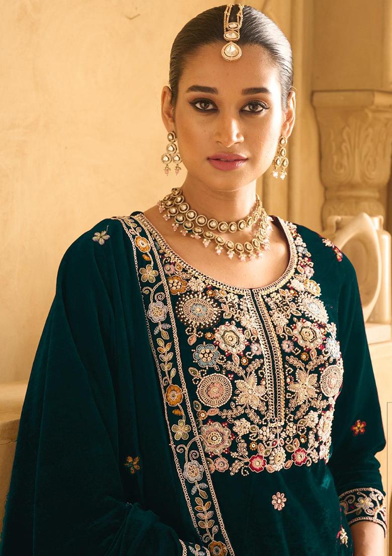 Dark Green Embroidered Velvet Salwar Kameez With Dupatta - Indya