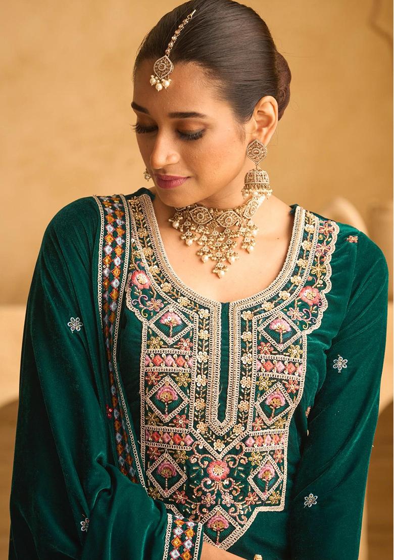 Green Embroidered Velvet Salwar Kameez With Dupatta - Indya