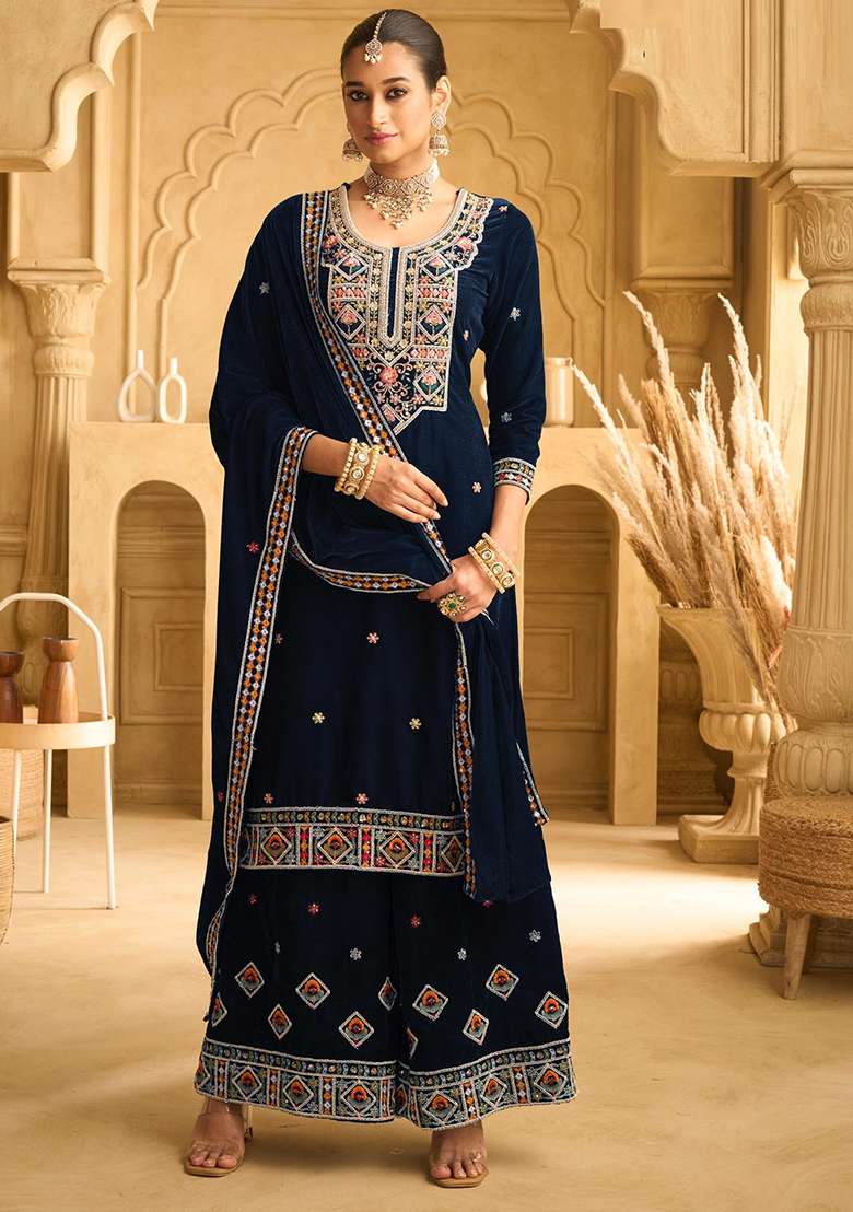 Black Embroidered Velvet Sharara Set - Indya