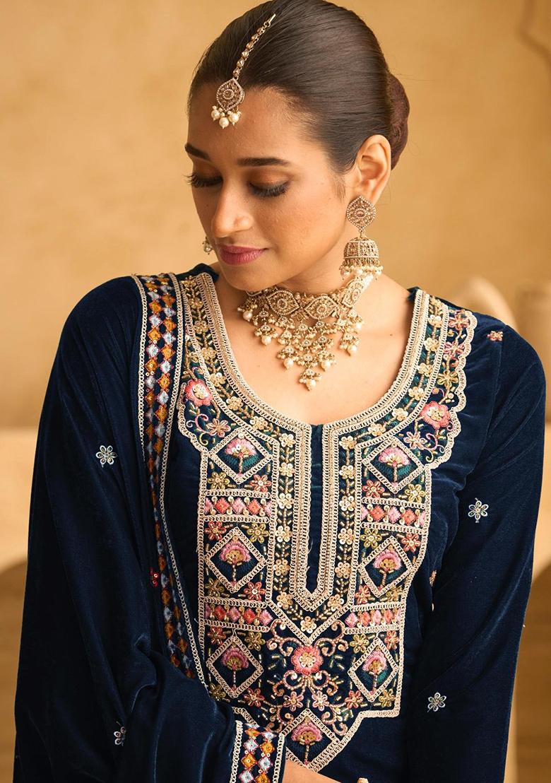 Black Embroidered Velvet Salwar Kameez With Dupatta - Indya