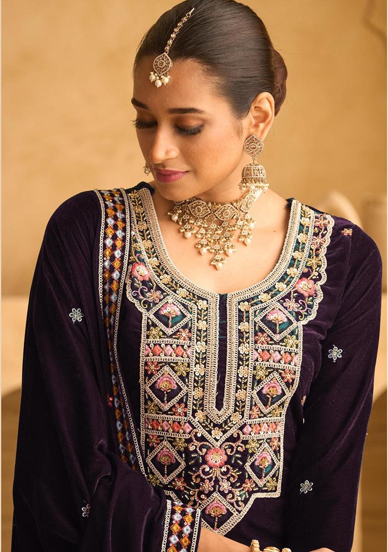 Dark Wine Embroidered Velvet Salwar Kameez With Dupatta - Indya