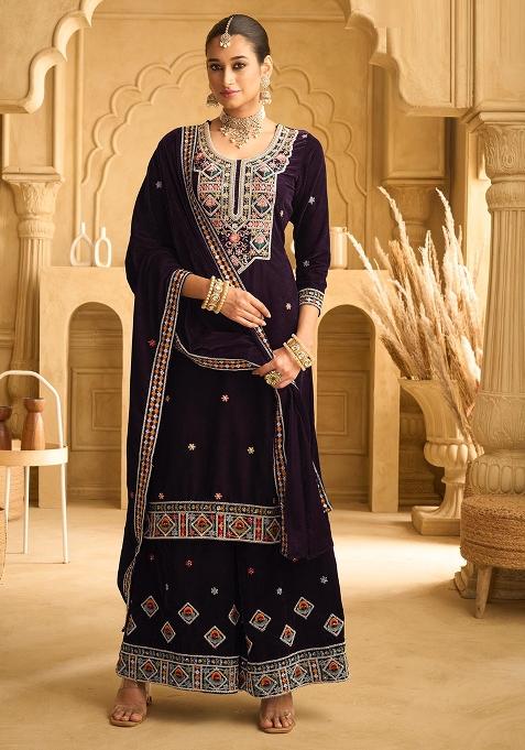 Dark Wine Embroidered Velvet Salwar Kameez With Dupatta