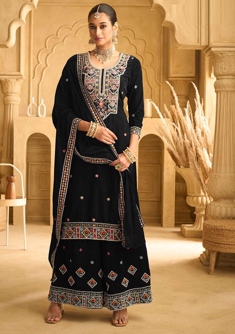 Dark Blue Embroidered Velvet Sharara Set - Indya