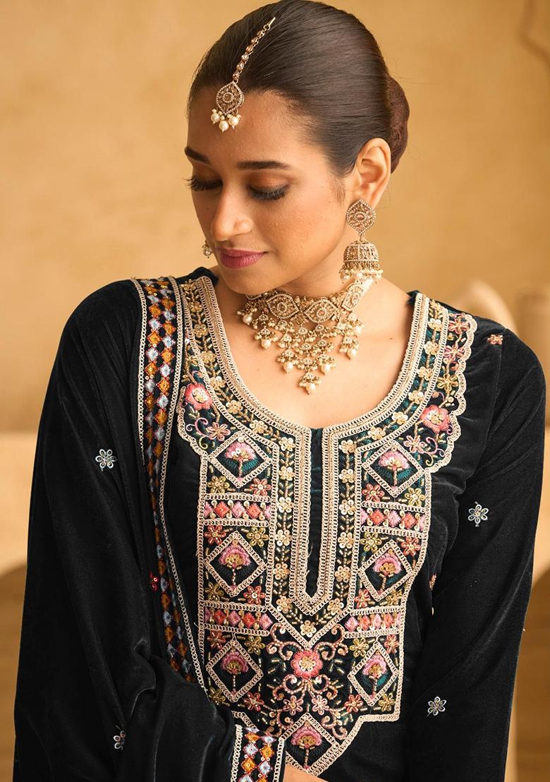 Dark Blue Embroidered Velvet Salwar Kameez With Dupatta - Indya