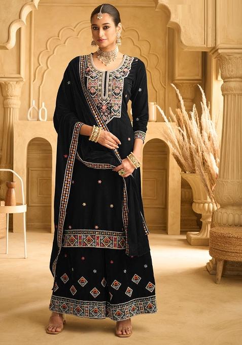Dark Blue Embroidered Velvet Sharara Set