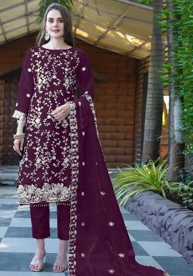 Maroon Embroidered Organza Salwar Kameez With Dupatta