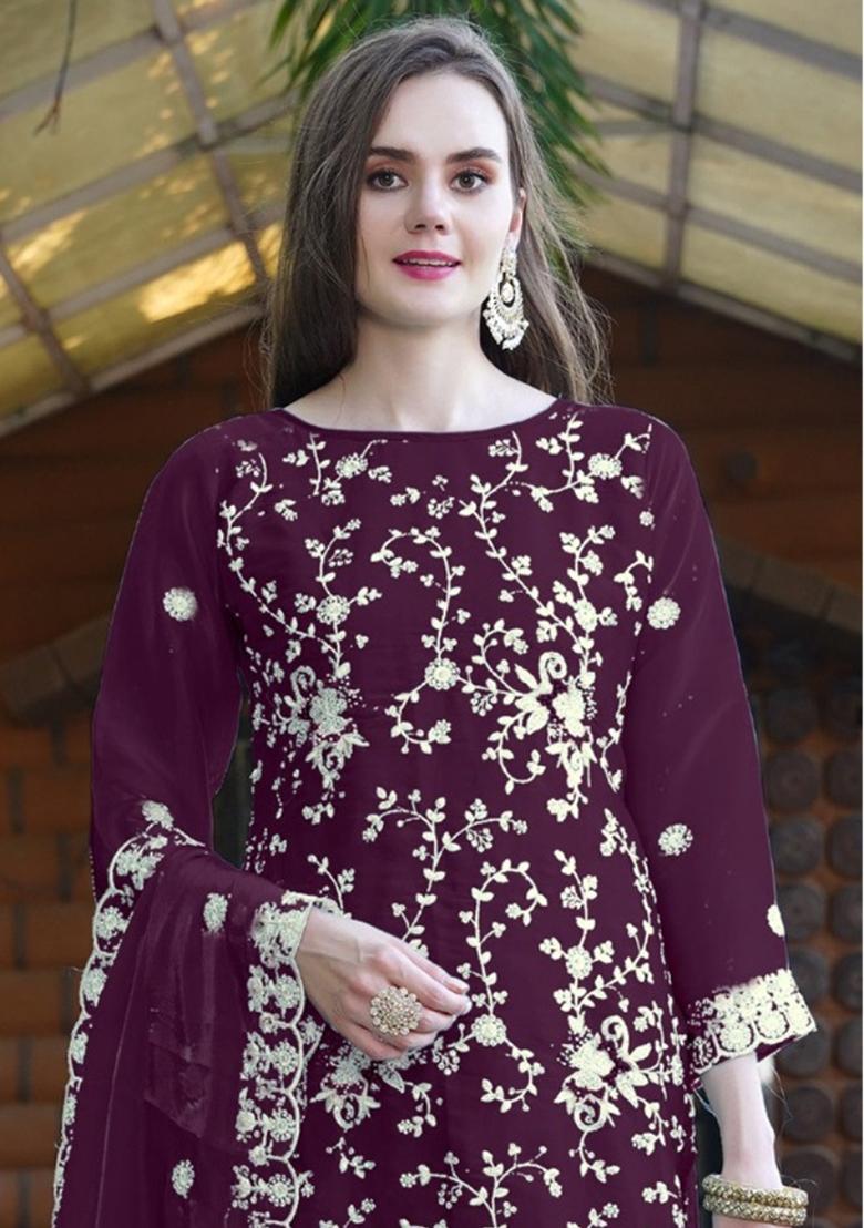 Maroon Embroidered Organza Salwar Kameez With Dupatta - Indya