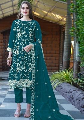 Teal Embroidered Organza Salwar Kameez With Dupatta