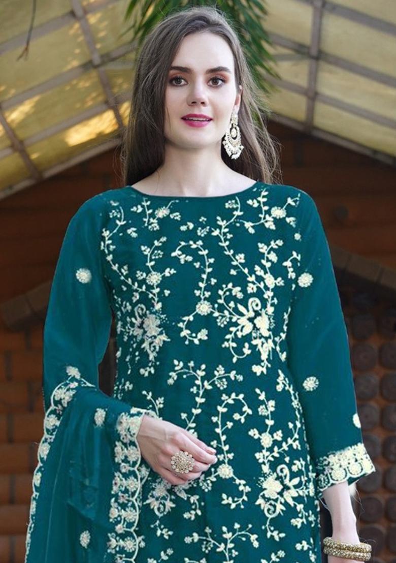 Teal Embroidered Organza Salwar Kameez With Dupatta - Indya