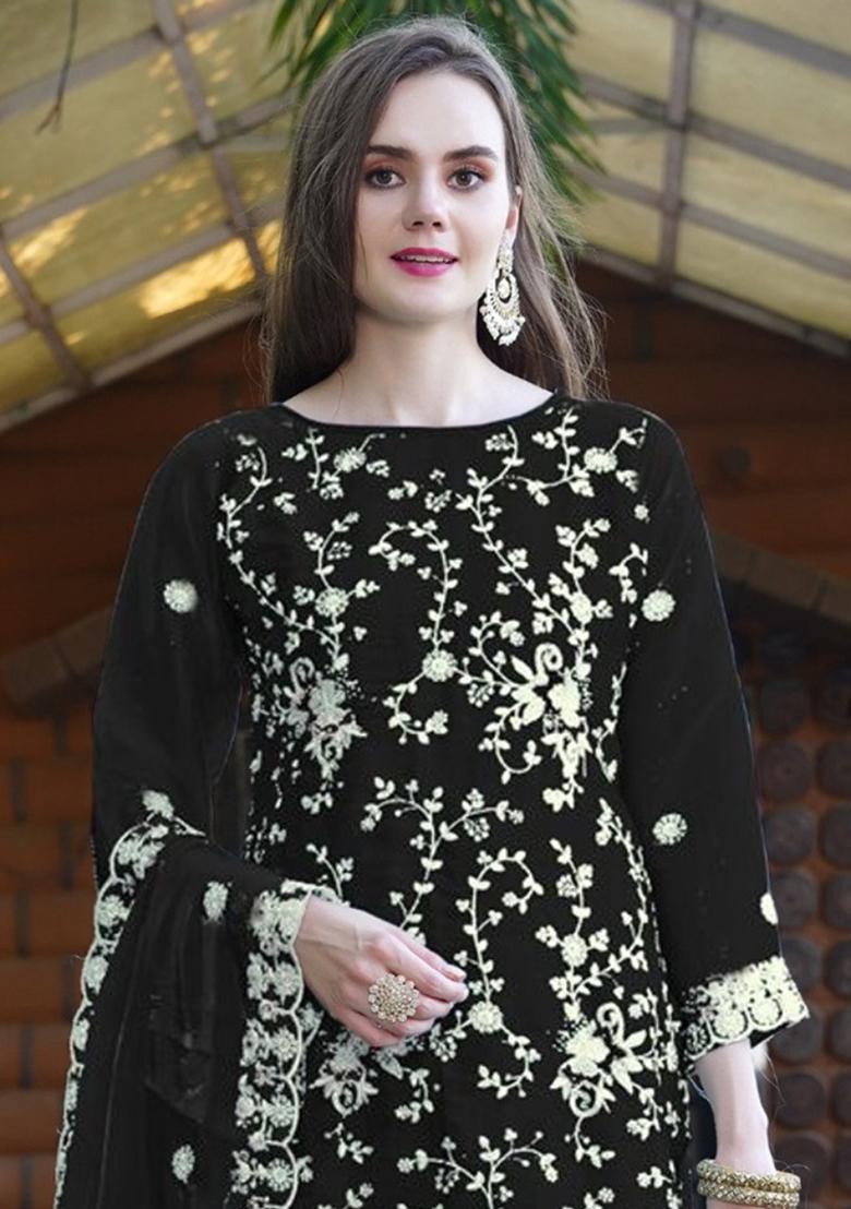 Black Embroidered Organza Salwar Kameez With Dupatta - Indya