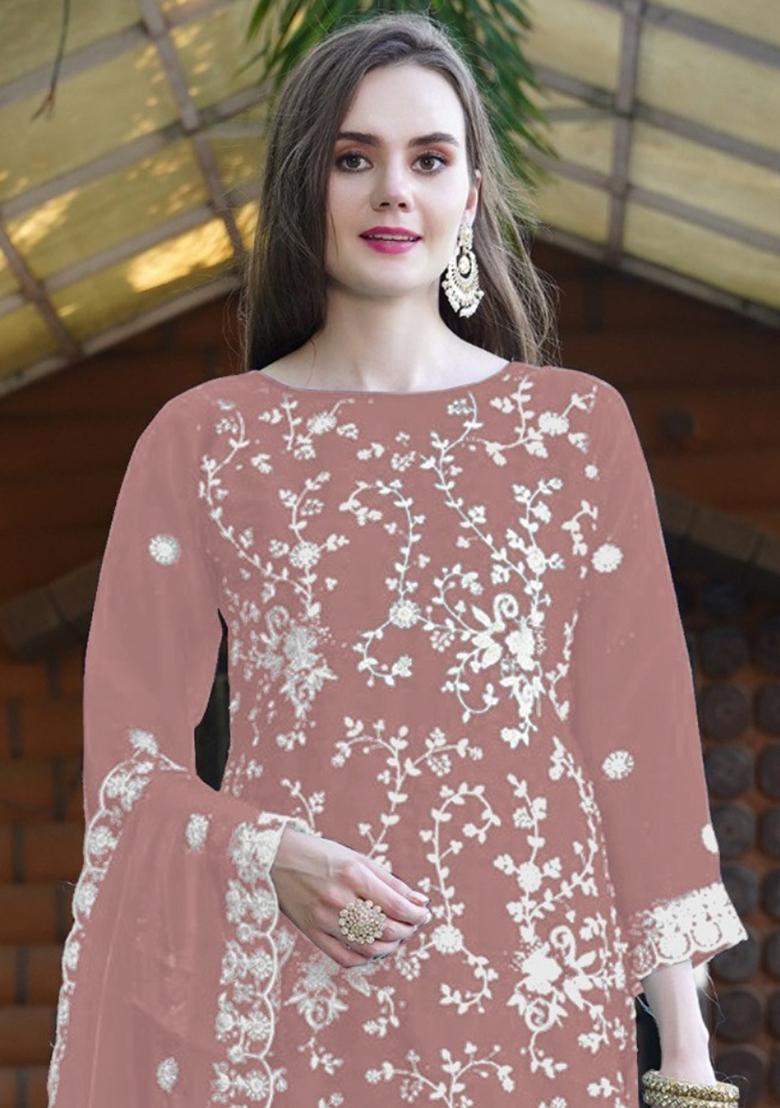 Peach Embroidered Organza Salwar Kameez With Dupatta - Indya
