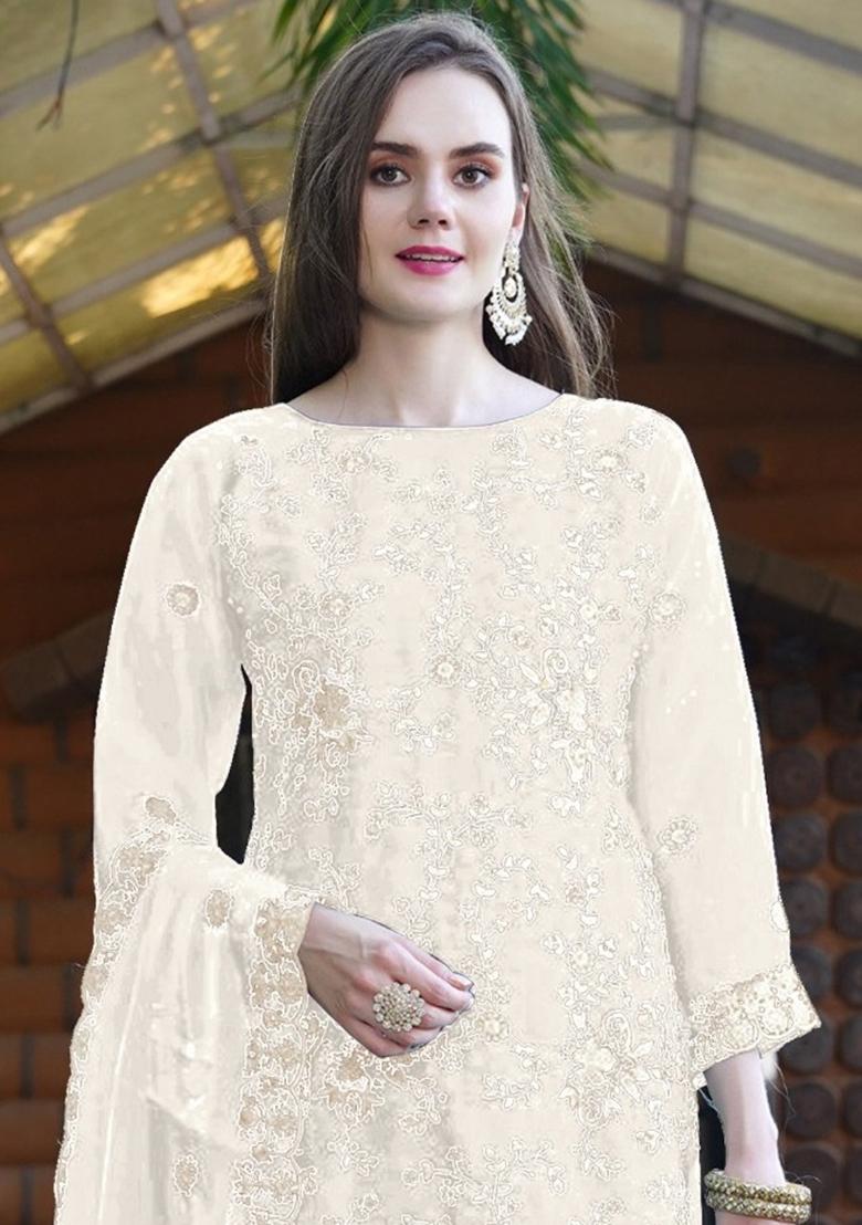 White Embroidered Organza Salwar Kameez With Dupatta - Indya