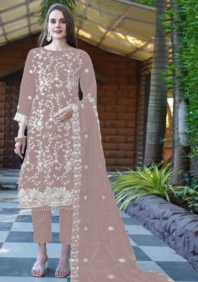 Beige Embroidered Organza Salwar Kameez With Dupatta