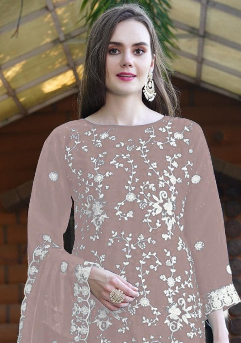 Beige Embroidered Organza Salwar Kameez With Dupatta - Indya