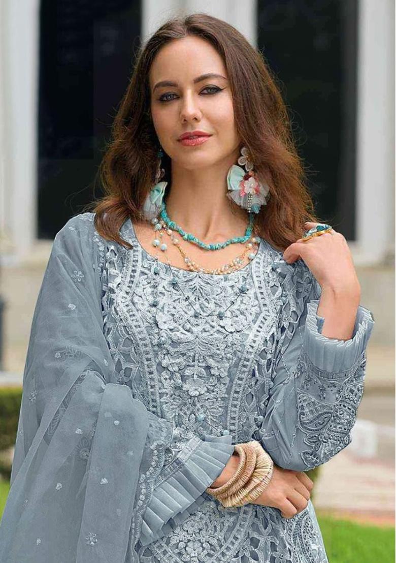 Grey Embroidered Organza Salwar Kameez With Dupatta - Indya