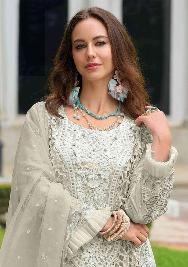 White Embroidered Organza Salwar Kameez With Dupatta - Indya