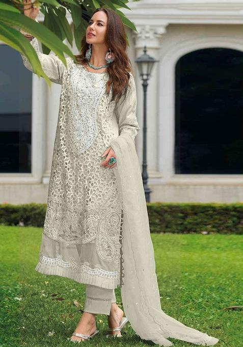 White Embroidered Organza Salwar Kameez With Dupatta