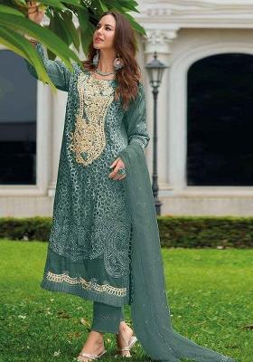 Dark Green Embroidered Organza Salwar Kameez With Dupatta