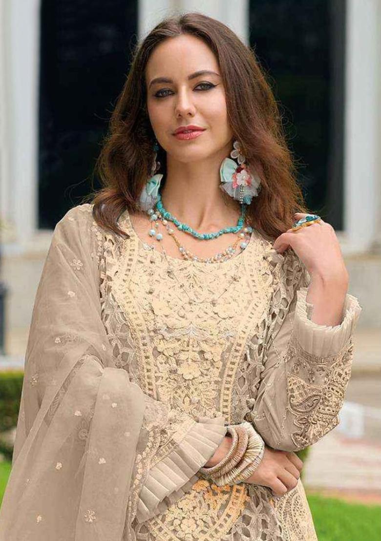 Beige Embroidered Organza Salwar Kameez With Dupatta - Indya
