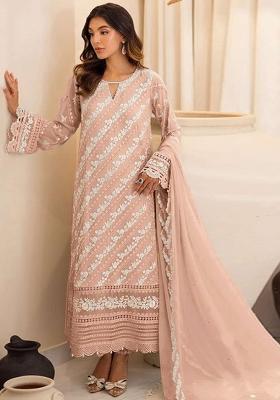 Peach Embroidered Faux Georgette Salwar Kameez With Dupatta