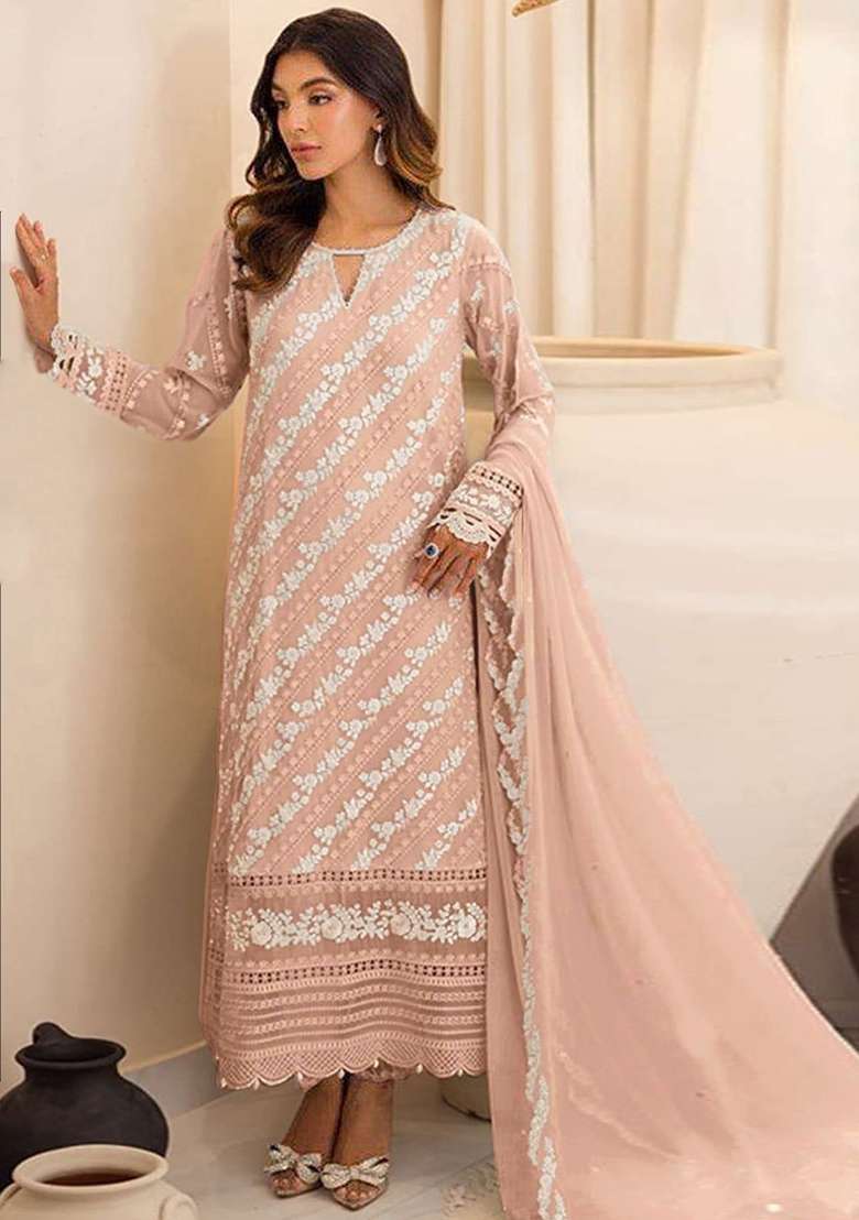 Peach Embroidered Faux Blooming Pakistani Suit Set - Indya