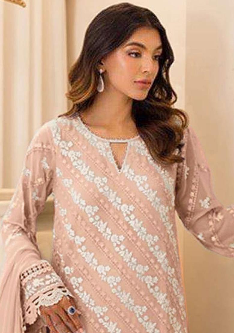 Peach Embroidered Faux Georgette Salwar Kameez With Dupatta - Indya