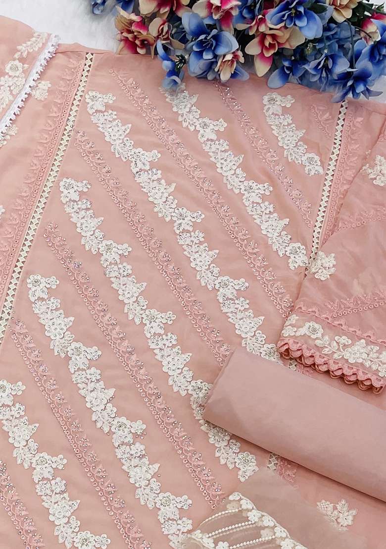 Peach Embroidered Faux Blooming Pakistani Suit Set - Indya