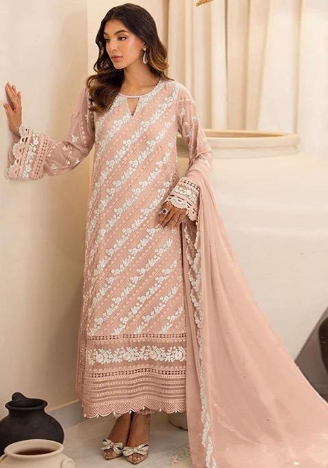 Peach Embroidered Faux Georgette Salwar Kameez With Dupatta
