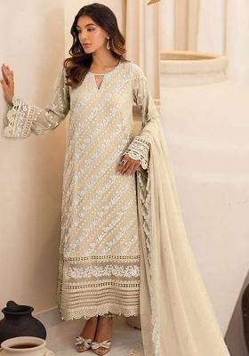 Beige Embroidered Faux Georgette Salwar Kameez With Dupatta
