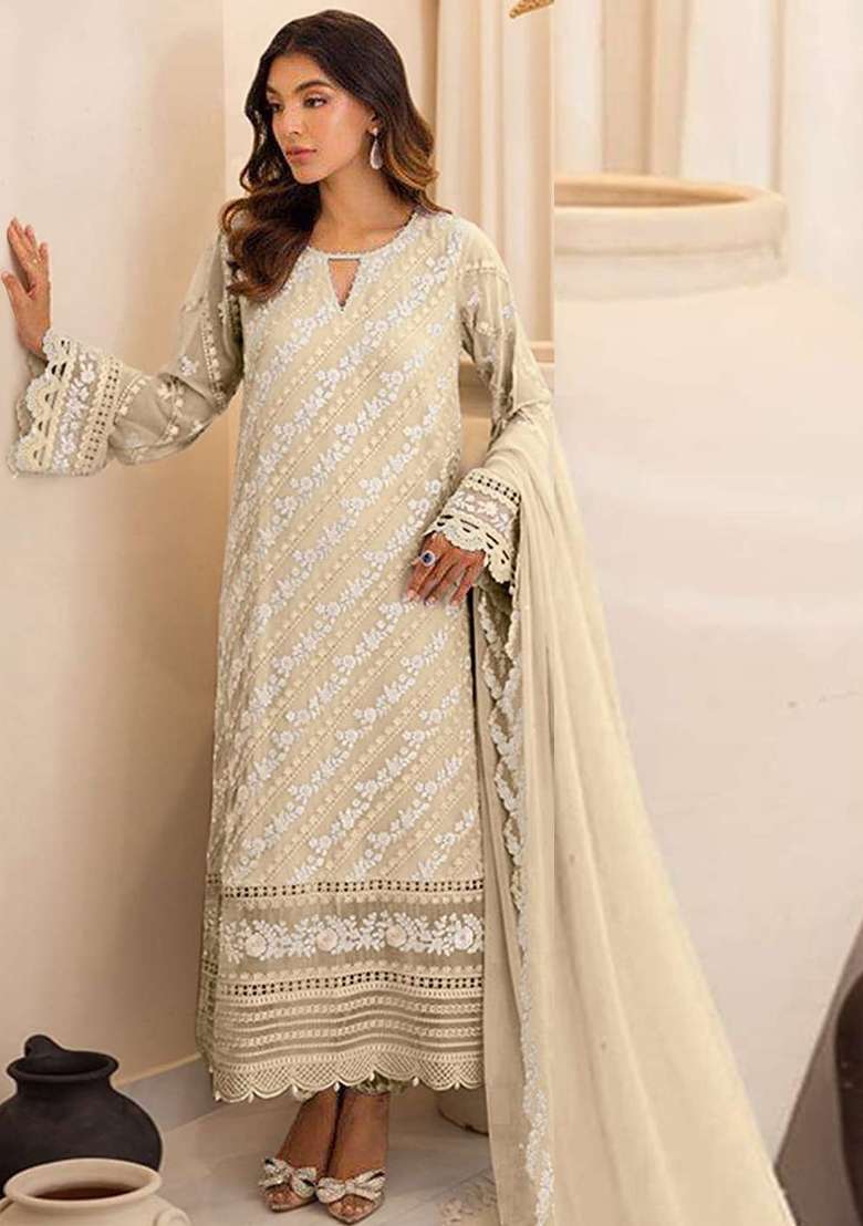 Beige Embroidered Georgette Pakistani Suit Set - Indya