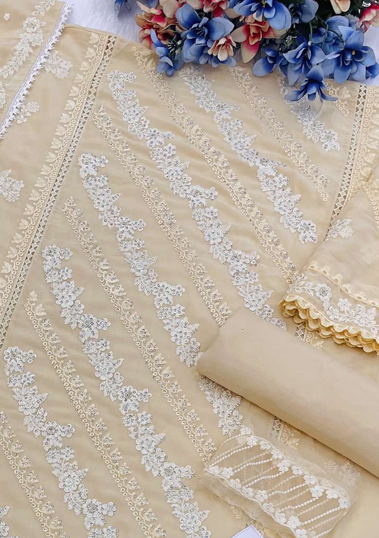 Beige Embroidered Georgette Pakistani Suit Set - Indya