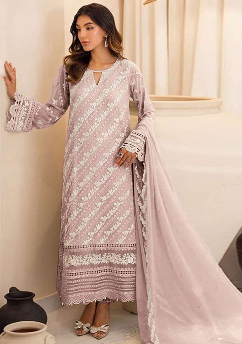 Baby Pink Embroidered Faux Blooming Pakistani Suit Set - Indya