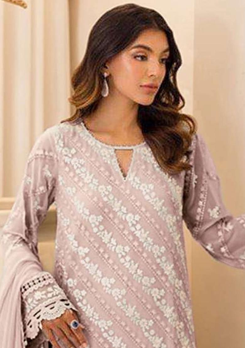 Baby Pink Embroidered Faux Georgette Salwar Kameez With Dupatta - Indya