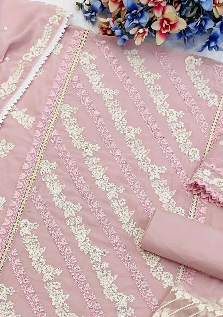 Baby Pink Embroidered Faux Blooming Pakistani Suit Set - Indya