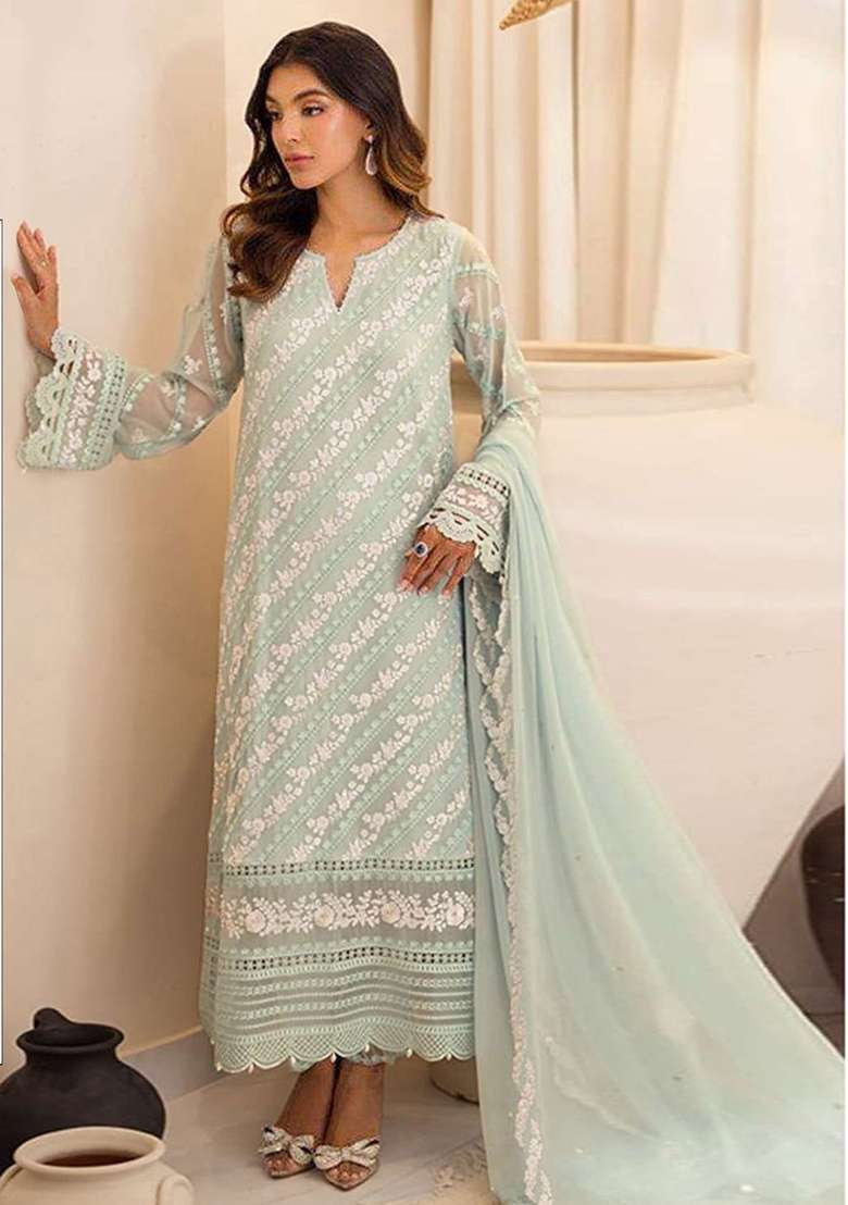 Sea Green Embroidered Faux Blooming Pakistani Suit Set - Indya