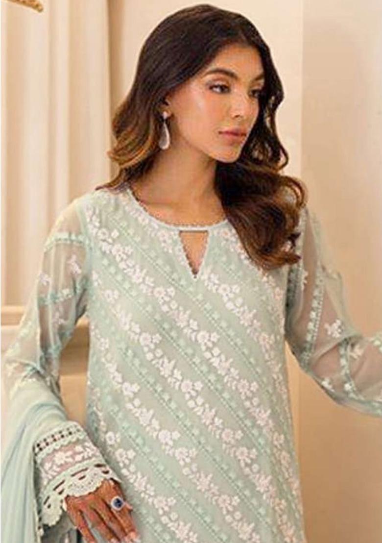 Sea Green Embroidered Faux Georgette Salwar Kameez With Dupatta - Indya
