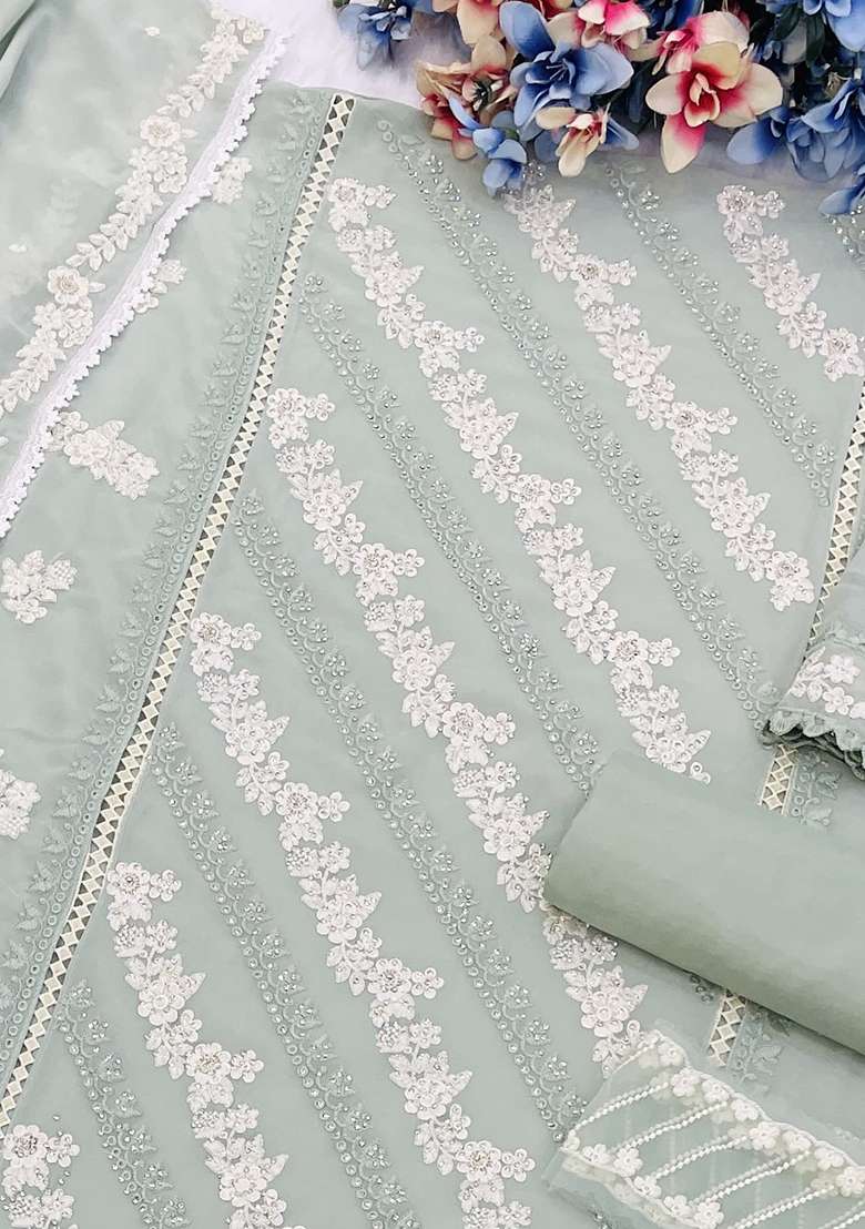 Sea Green Embroidered Faux Blooming Pakistani Suit Set - Indya
