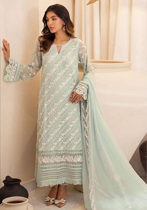 Sea Green Embroidered Faux Blooming Pakistani Suit Set
