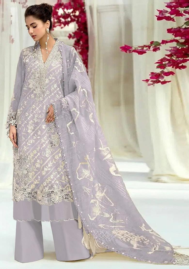 Lavender Embroidered Faux Georgette Salwar Kameez With Dupatta - Indya