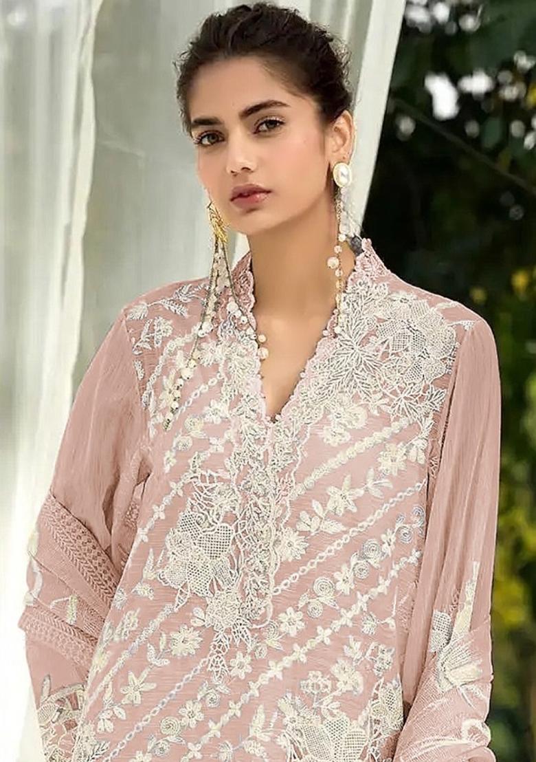 Peach Embroidered Faux Georgette Salwar Kameez With Dupatta - Indya