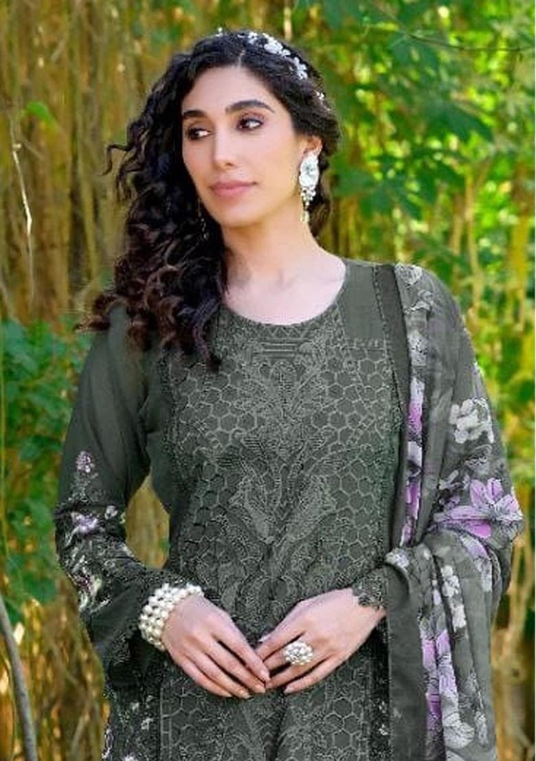 Mehendi Embroidered Faux Georgette Salwar Kameez With Dupatta - Indya