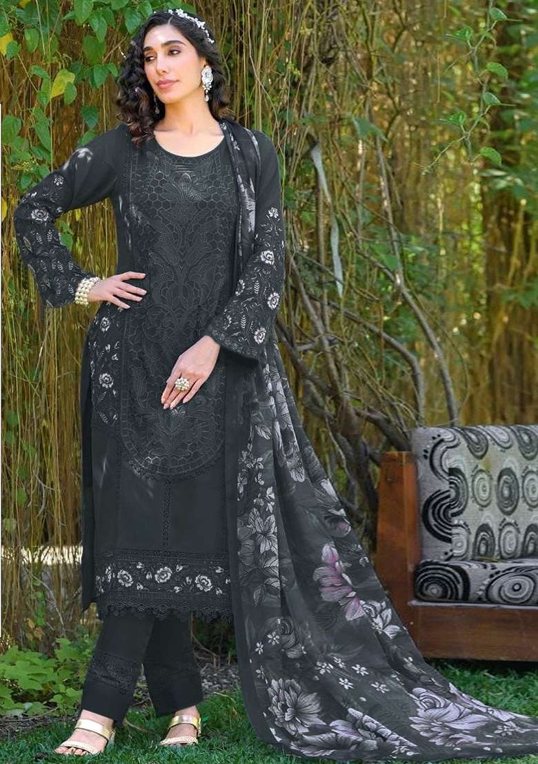 Black Embroidered Faux Georgette Salwar Kameez With Dupatta - Indya