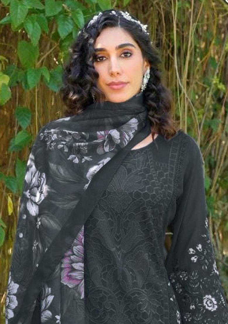 Black Embroidered Faux Georgette Salwar Kameez With Dupatta - Indya