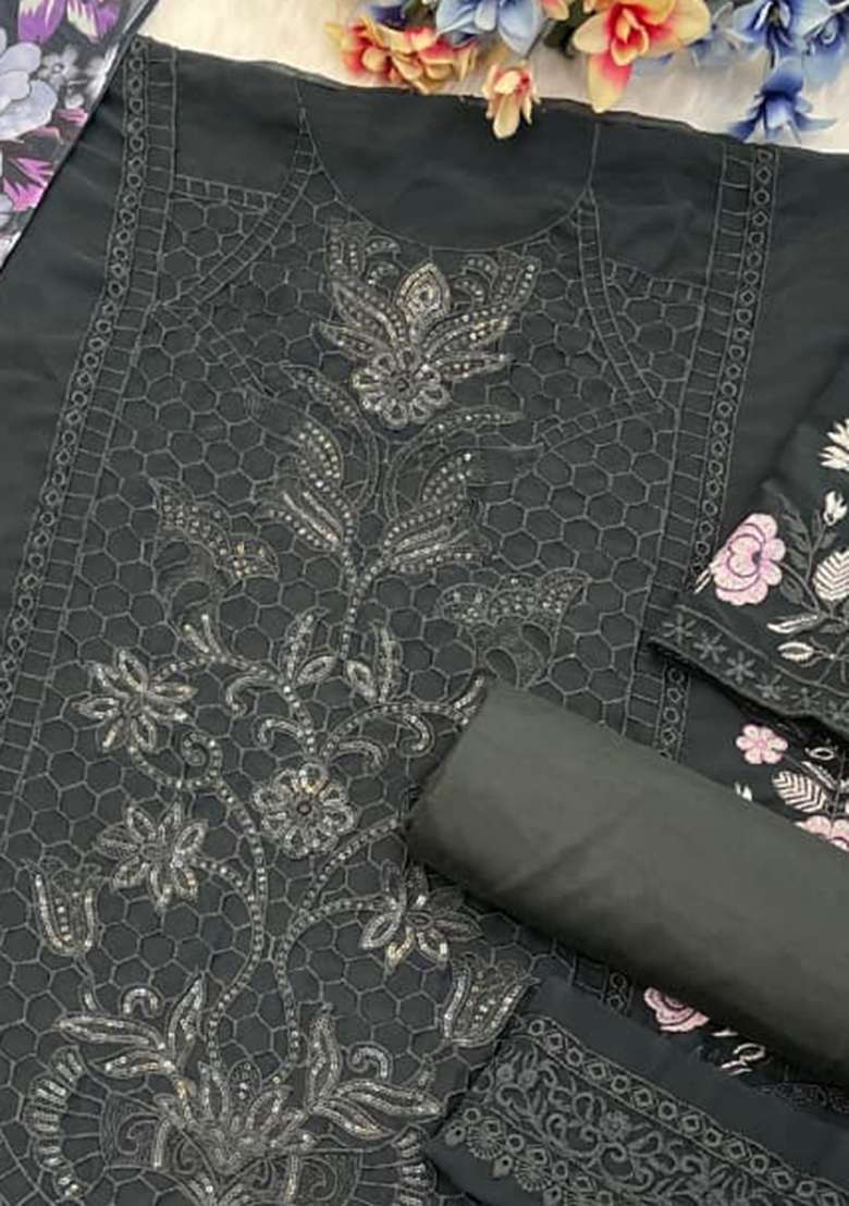 Black Embroidered Faux Georgette Salwar Kameez With Dupatta - Indya