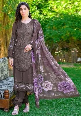 Dark Brown Embroidered Faux Georgette Salwar Kameez With Dupatta