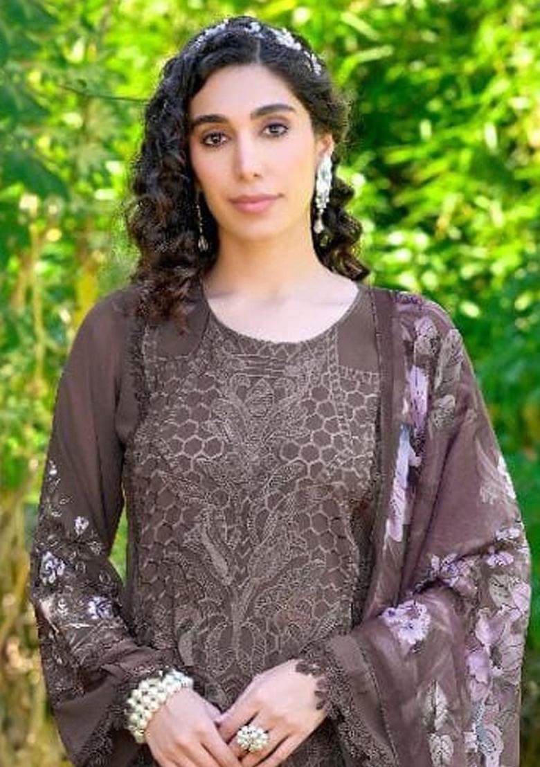 Dark Brown Embroidered Faux Georgette Salwar Kameez With Dupatta - Indya